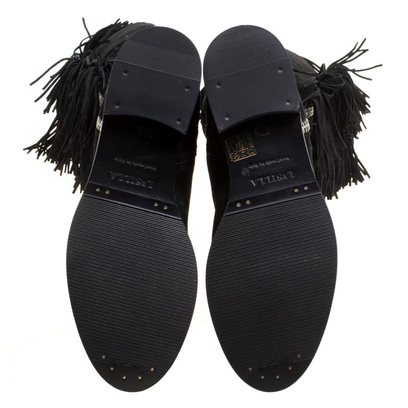 Women's Le Silla Black Suede Fringe Trim Knee Length Boots Size 37.5