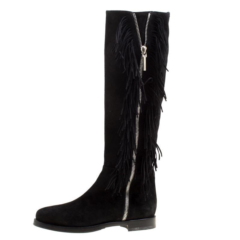 Le Silla Black Suede Fringe Trim Knee Length Boots Size 37.5 1