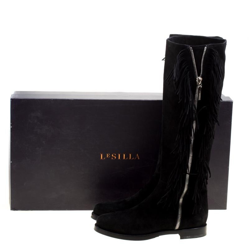 Le Silla Black Suede Fringe Trim Knee Length Boots Size 37.5 4