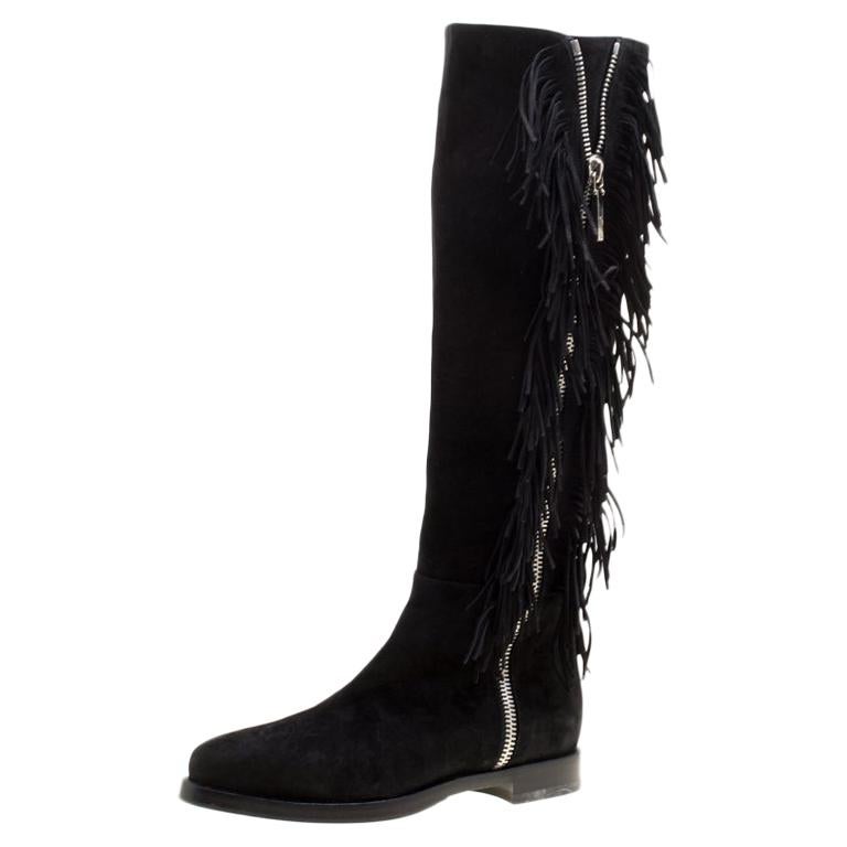 Le Silla Black Suede Fringe Trim Knee Length Boots Size 37.5