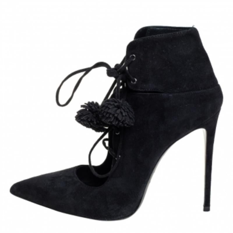 Women's Le Silla Black Suede Lace Up Pointed Toe Ankle Booties Size 36.5 For Sale