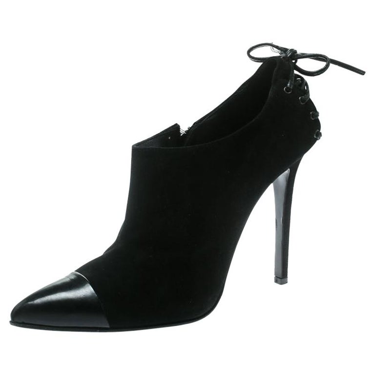 Le Silla Black Suede/Patent Lather Cap Toe Ankle Boots Size 37.5 For Sale