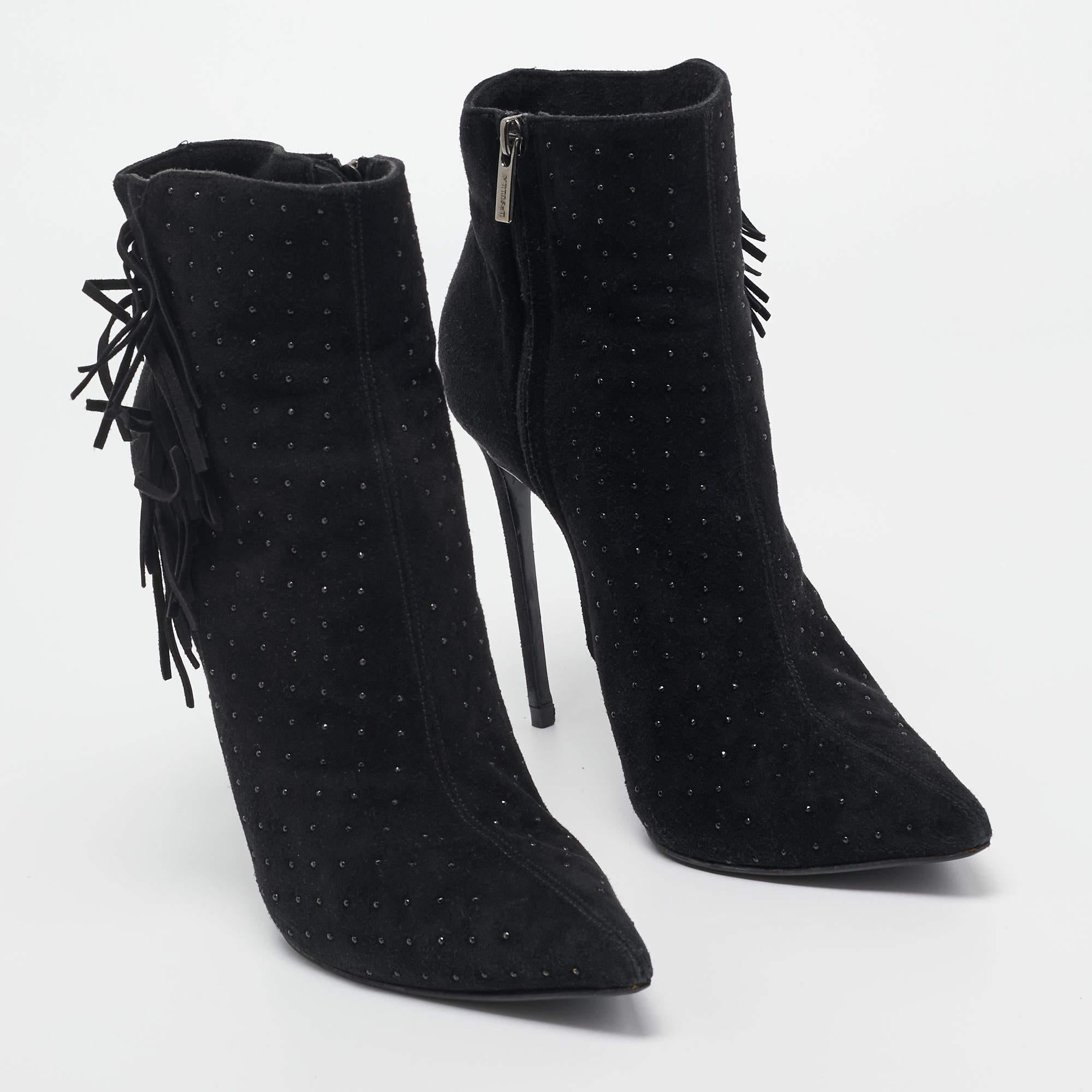 Women's Le Silla Black Suede Studded Lace-Up Ankle Boots Size 38 For Sale