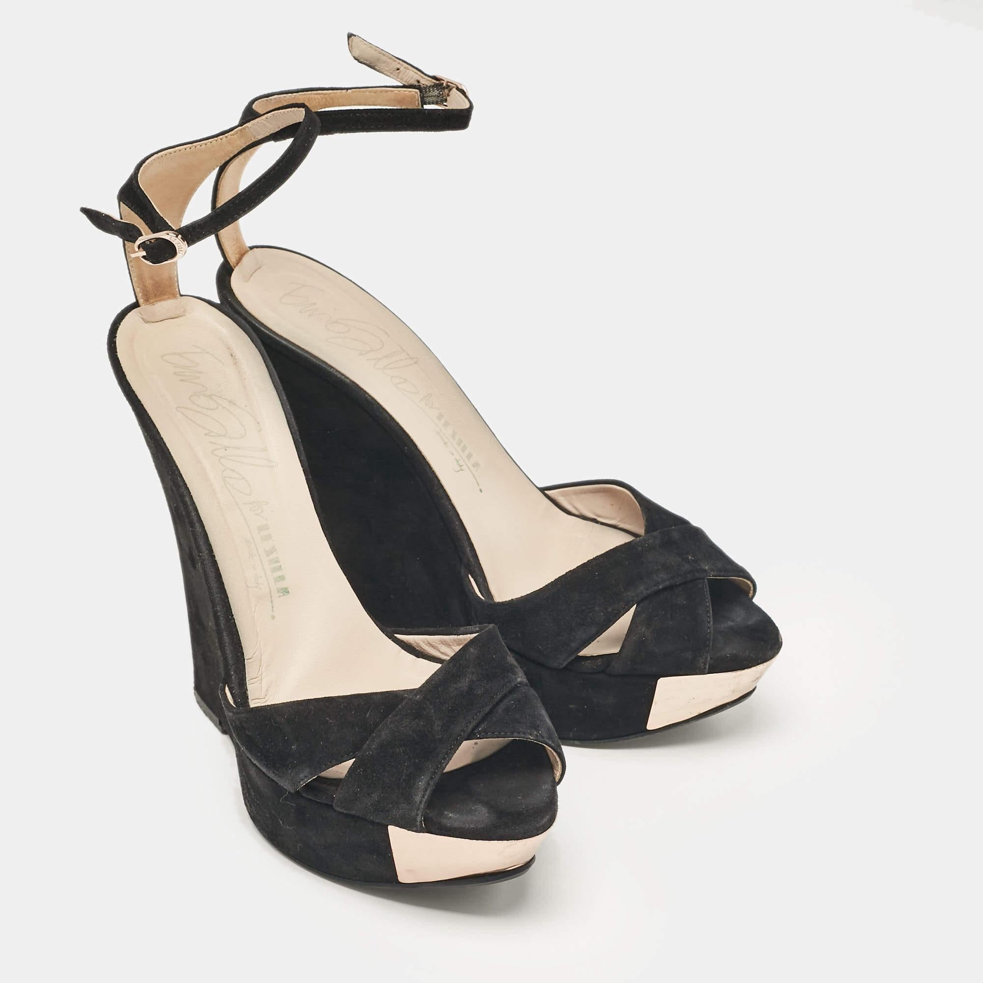 Women's Le Silla Black Suede Wedge Ankle Wrap Sandals Size 40 For Sale