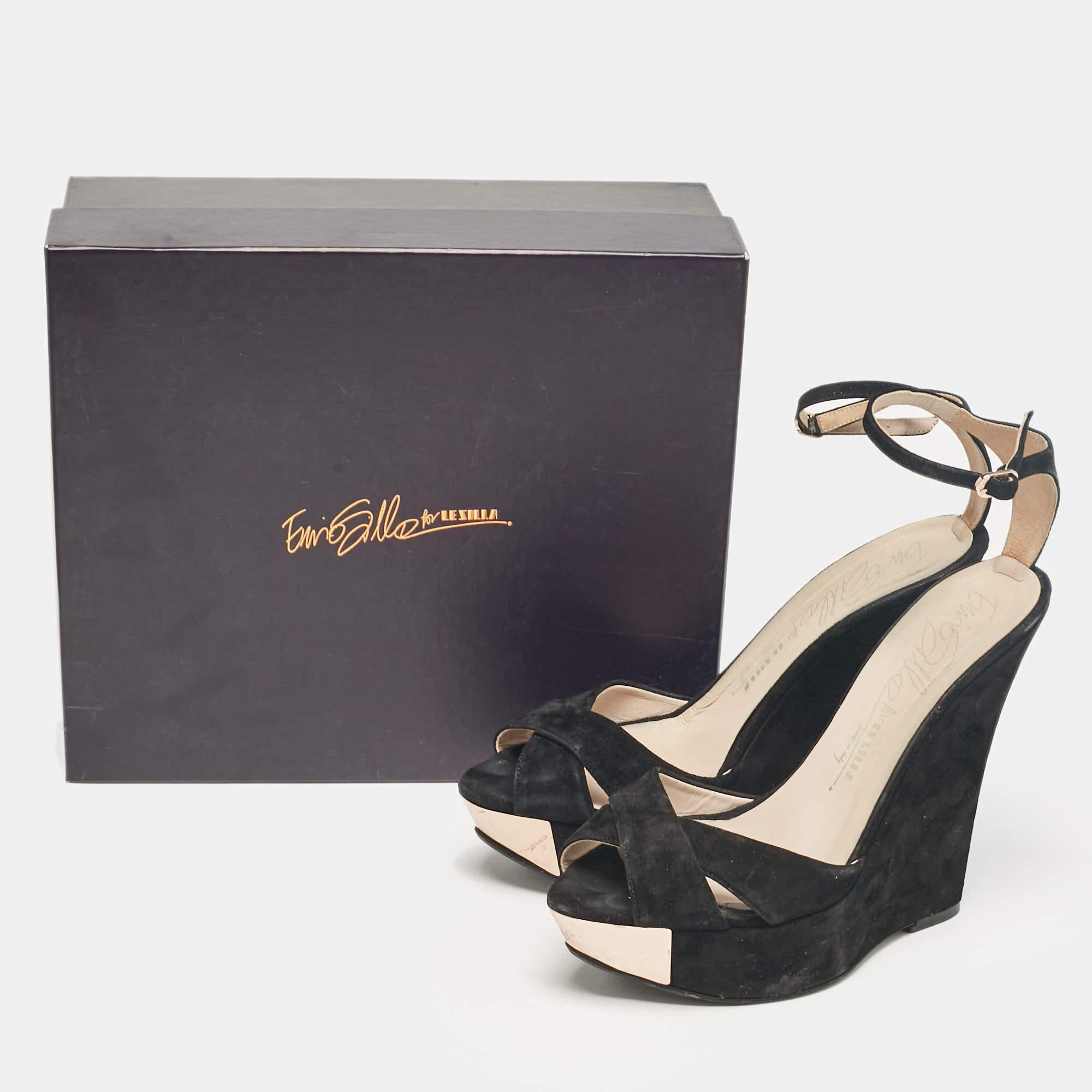 Le Silla Black Suede Wedge Ankle Wrap Sandals Size 40 For Sale 4