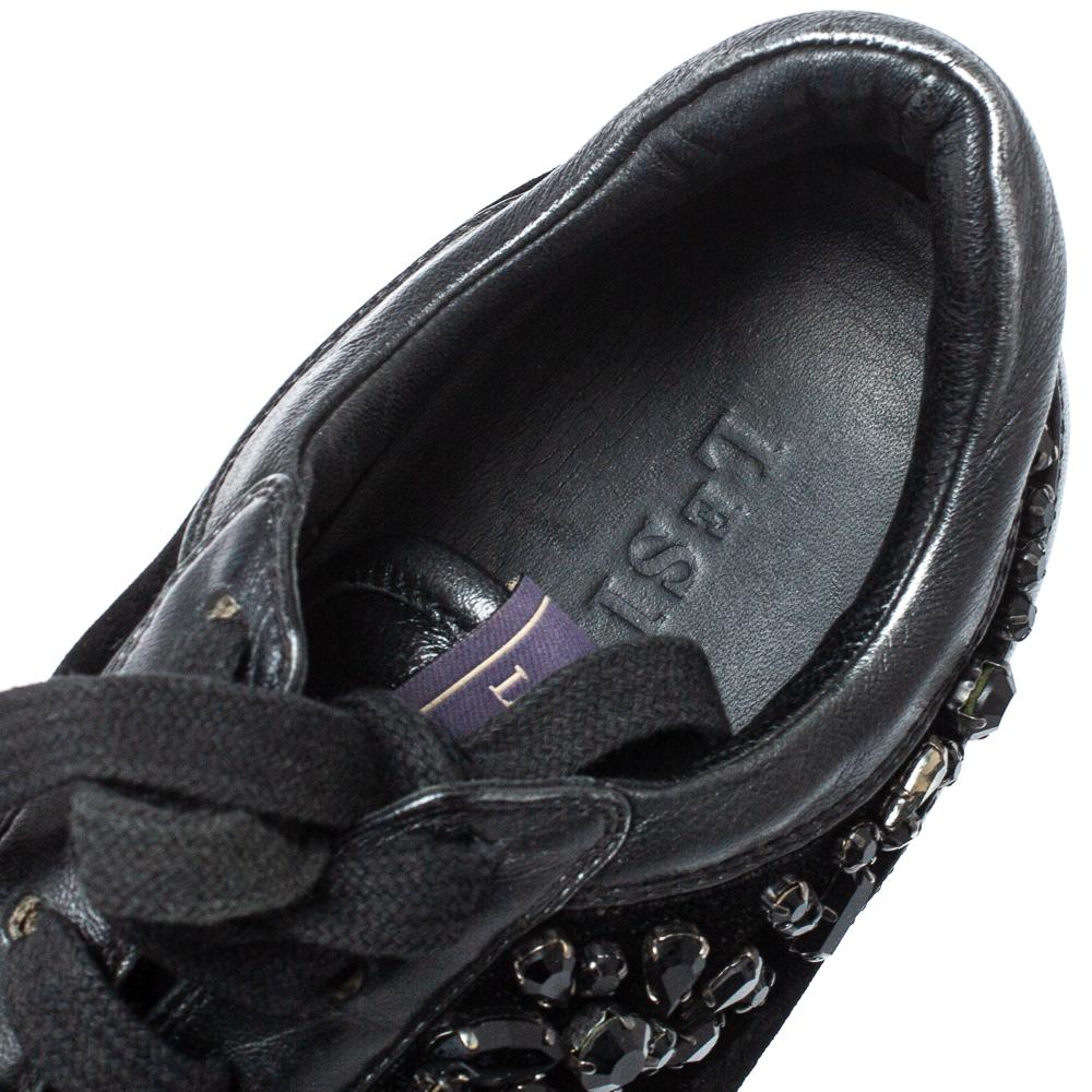 Women's Le Silla Black Velvet and Leather Crystal Embellished Low Top Sneakers Size 36.5 For Sale