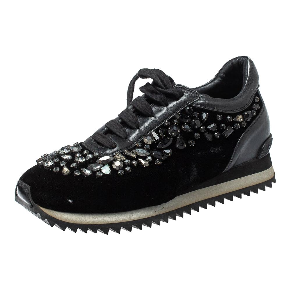 Le Silla Black Velvet and Leather Crystal Embellished Low Top Sneakers Size 36.5