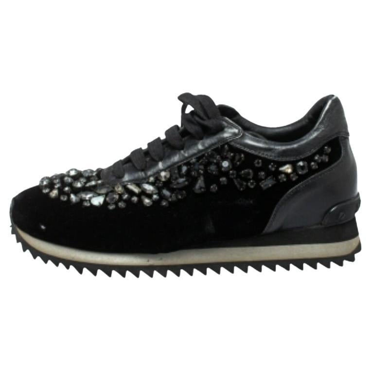 Le Silla Black Velvet and Leather Crystal Embellished Low Top Sneakers Size 36.5 For Sale