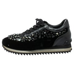 Le Silla Black Velvet and Leather Crystal Embellished Low Top Sneakers Size 36.5