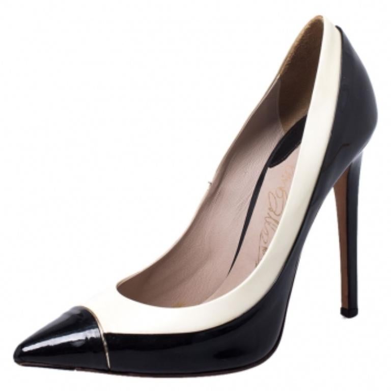Le Silla Pumps a punta in pelle verniciata bianca/nera taglia 38 in vendita 4