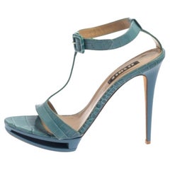 Le Silla Blue Croc Embossed Leather Embossed T-Strap Platform Sandals Size 37