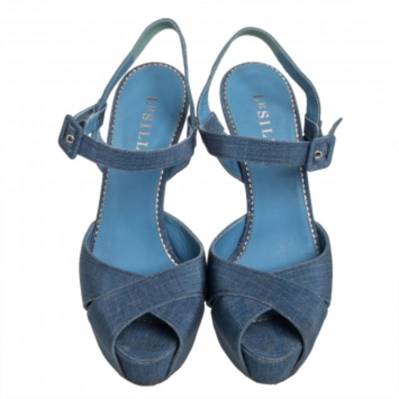 Women's Le Silla Blue Denim Platform Sandals Size 38 For Sale