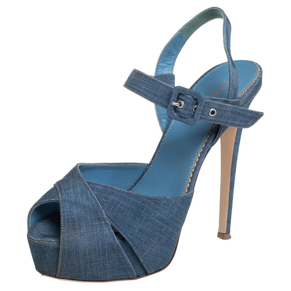 Le Silla Blue Denim Platform Sandals Size 38 For Sale