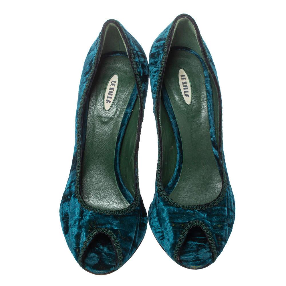 Black Le Silla Blue/Green Velvet Peep Toe Pumps Size 37