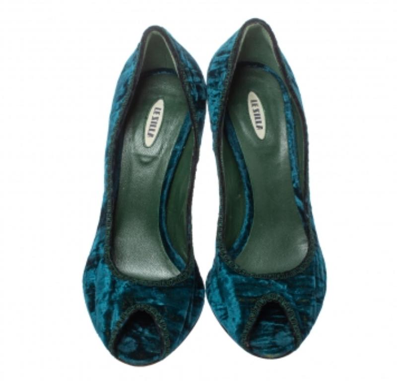 Women's Le Silla Blue/Green Velvet Peep Toe Pumps Size 37 For Sale