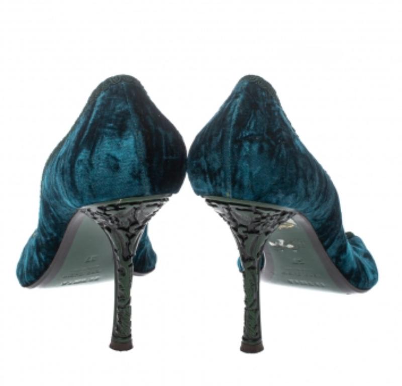 Le Silla Blue/Green Velvet Peep Toe Pumps Size 37 For Sale 1