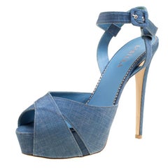 Le Silla Blue Light Wash Canvas Cross Ankle Strap Platform Sandals Size 40