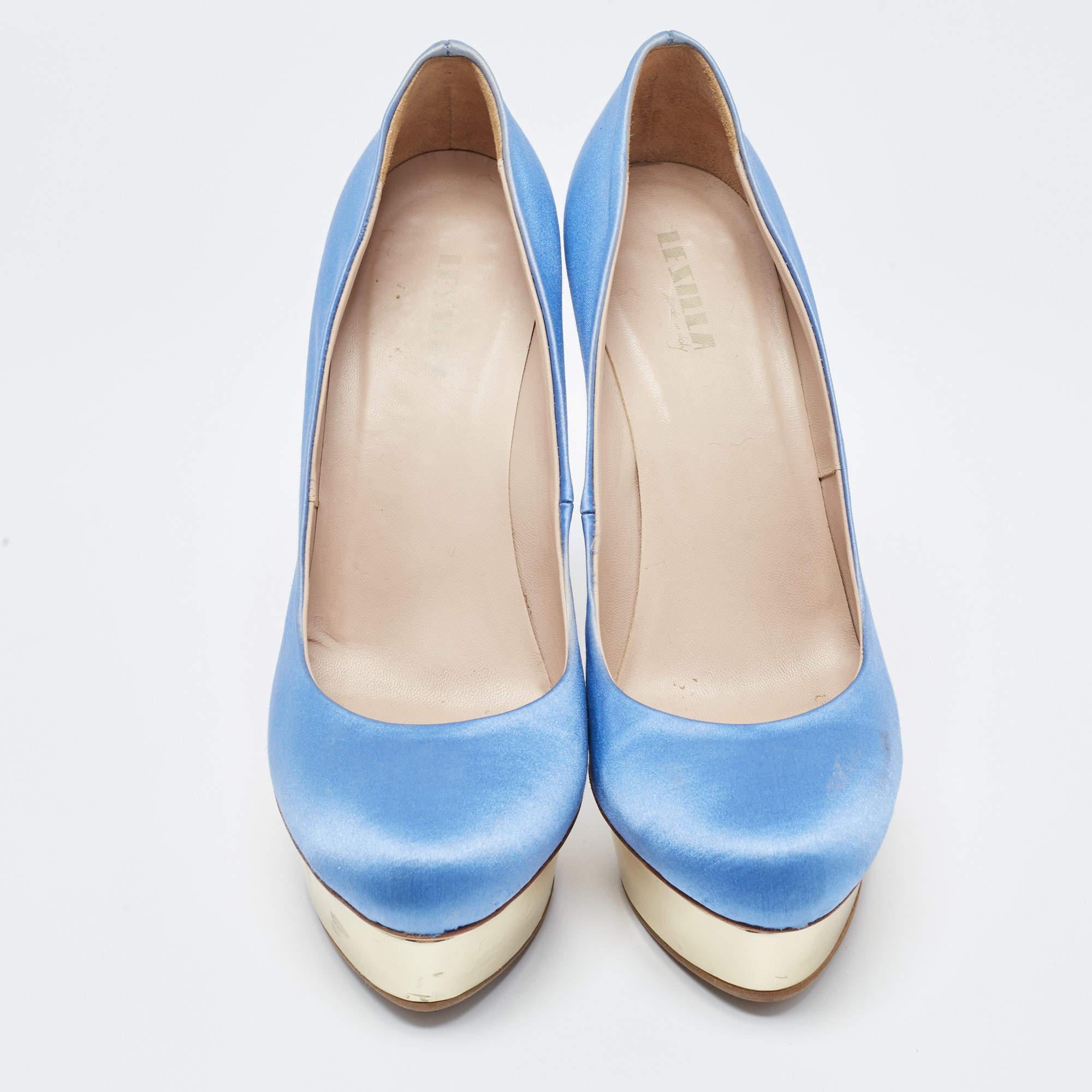 Le Silla Blue Satin Platform Pumps Size 39.5 In Good Condition For Sale In Dubai, Al Qouz 2