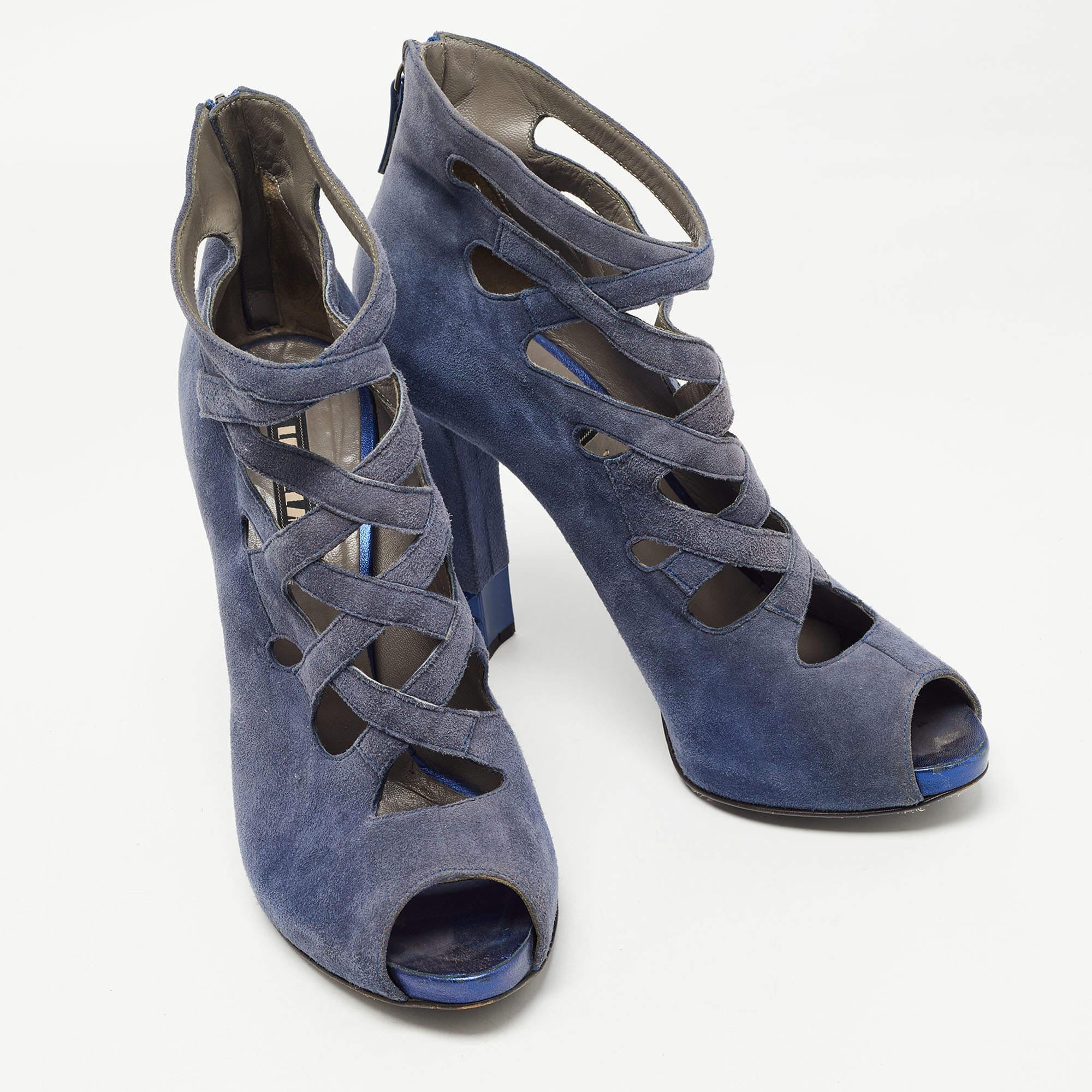 Women's Le Silla Blue Suede Cut Out  Peep Toe Platform Ankle Boots Size 38.5 For Sale