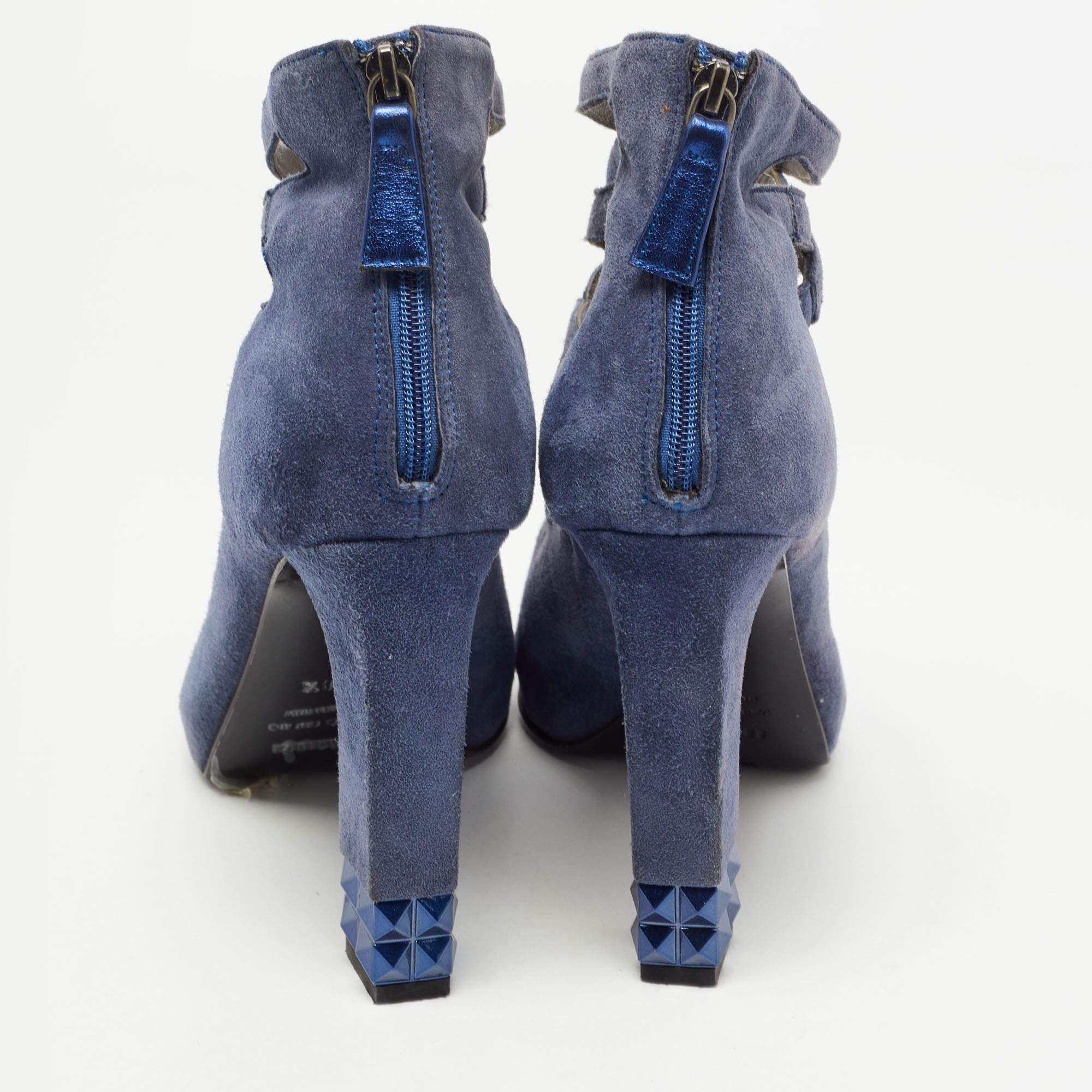 Le Silla Blue Suede Cut Out  Peep Toe Platform Ankle Boots Size 38.5 For Sale 1