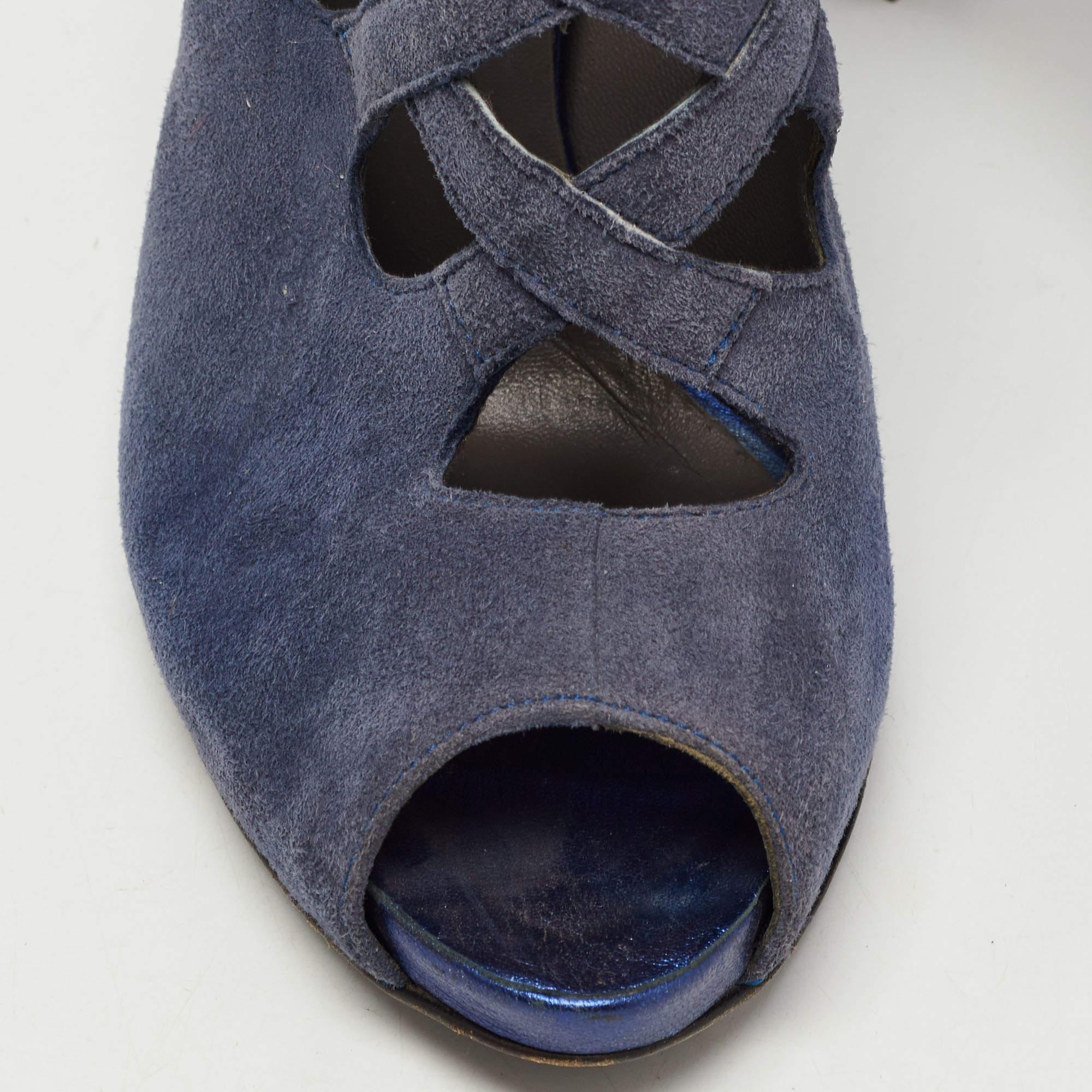Le Silla Blue Suede Cut Out  Peep Toe Platform Ankle Boots Size 38.5 For Sale 3