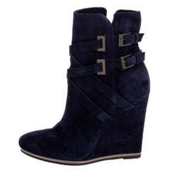 Le Silla Blue Suede Wedge Ankle Boots Size 38.5