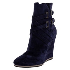 Le Silla Blue Suede Wedge Ankle Boots Size 38.5