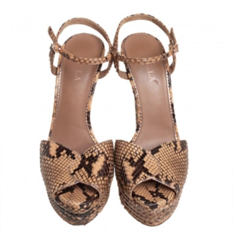 Le Silla Brown/Beige Python Ankle Strap Platform Sandals Size 40.5 For Sale 1