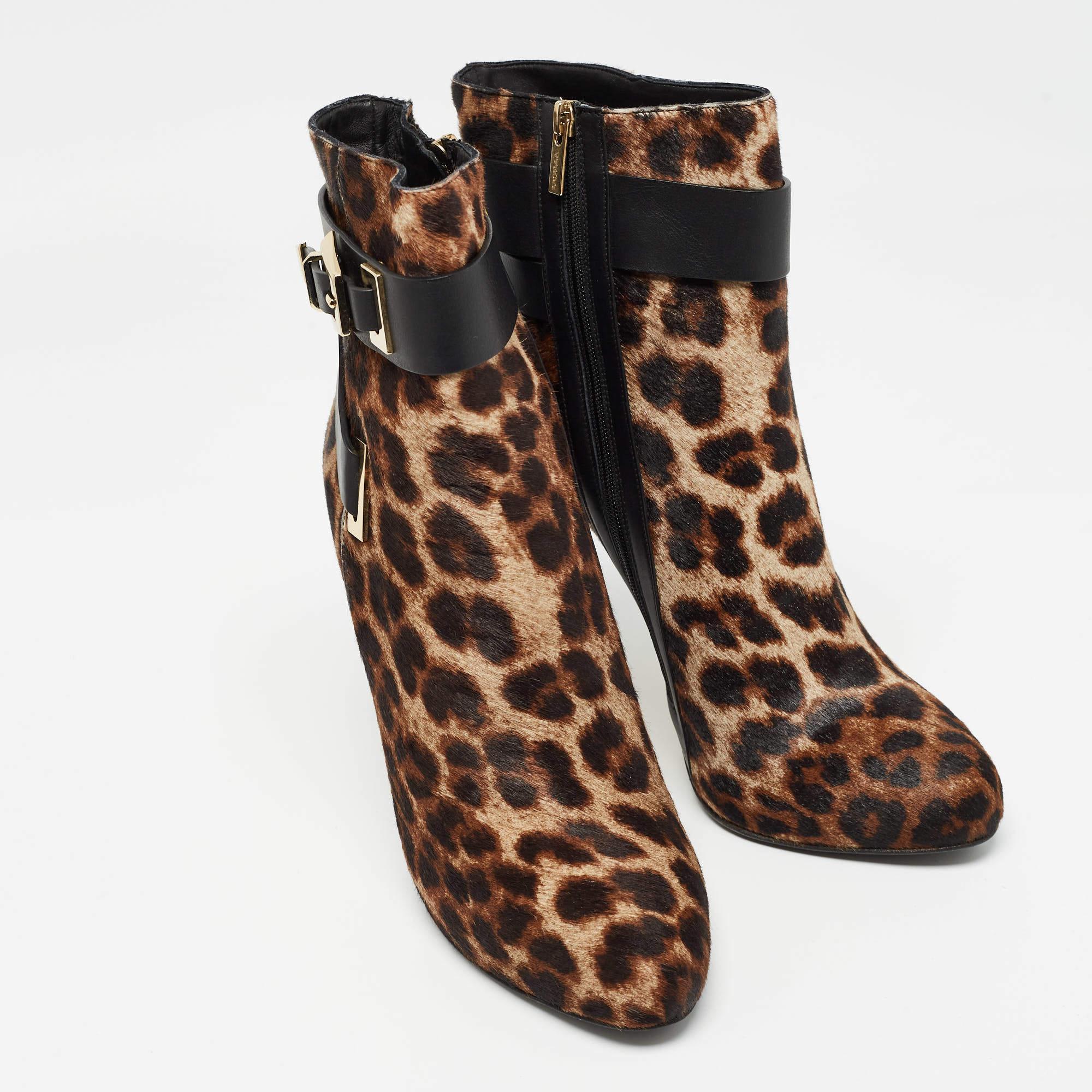Women's Le Silla Brown/Black Calf Hair Leopard Print Buckle Ankle Boots Size 38.5 For Sale