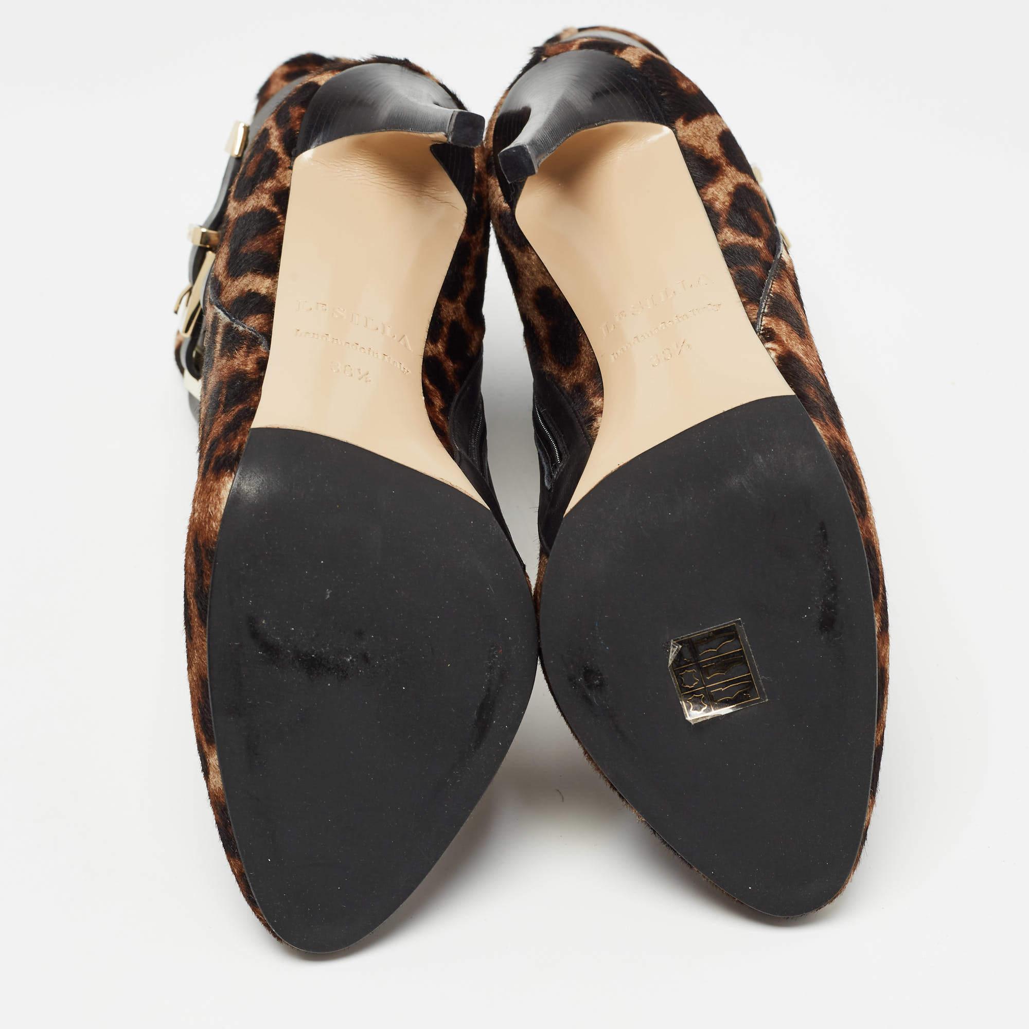 Le Silla Brown/Black Calf Hair Leopard Print Buckle Ankle Boots Size 38.5 For Sale 2