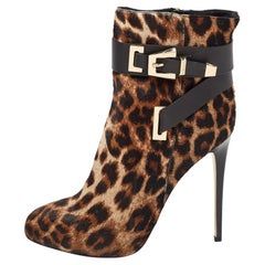 Le Silla Brown/Black Calf Hair Leopard Print Buckle Ankle Boots Size 38.5