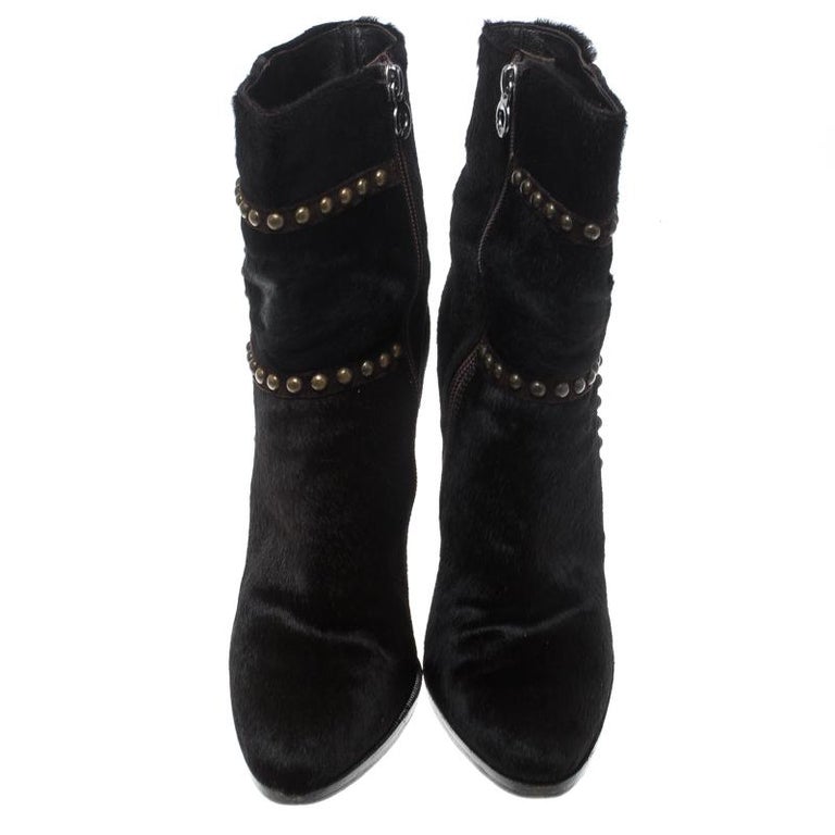 Le Silla Brown Calf Hair Stud Trim Ankle Boots Size 37 For Sale at 1stDibs