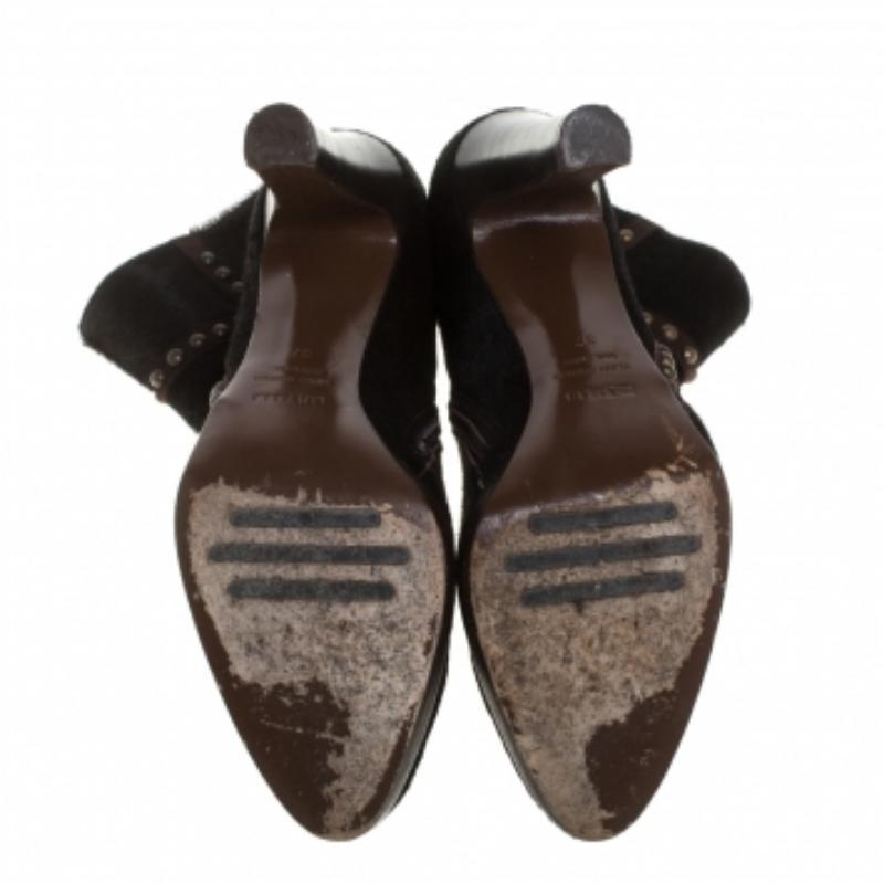 Black Le Silla Brown Calf Hair Studded Studded Ankle Boots Size 37 For Sale