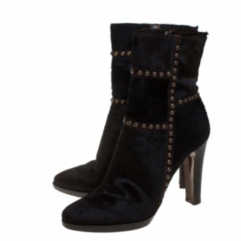 Le Silla Brown Calf Hair Studded Studded Ankle Boots Size 37 For Sale 1