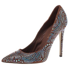 Le Silla Brown Crystal Embellished Suede Leather Pointed Toe Pumps Size 38