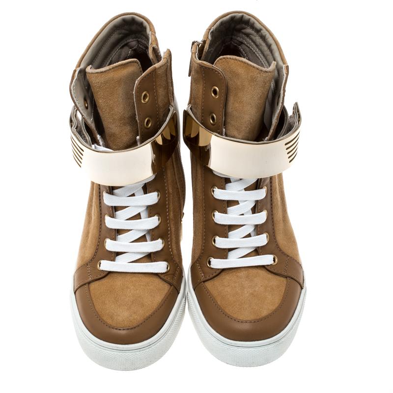 Le Silla Brown/Grey Leather In Chipow High Top Wedge Sneakers Size 37 In Good Condition In Dubai, Al Qouz 2