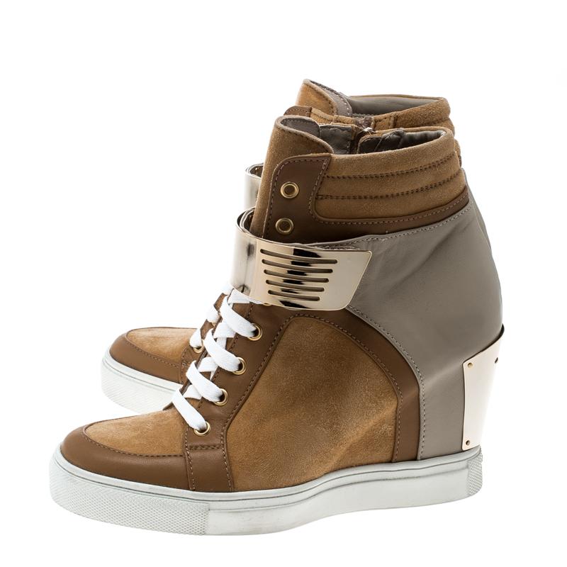 Women's Le Silla Brown/Grey Leather In Chipow High Top Wedge Sneakers Size 37