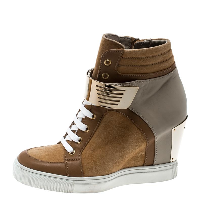 Le Silla Brown/Grey Leather In Chipow High Top Wedge Sneakers Size 37
