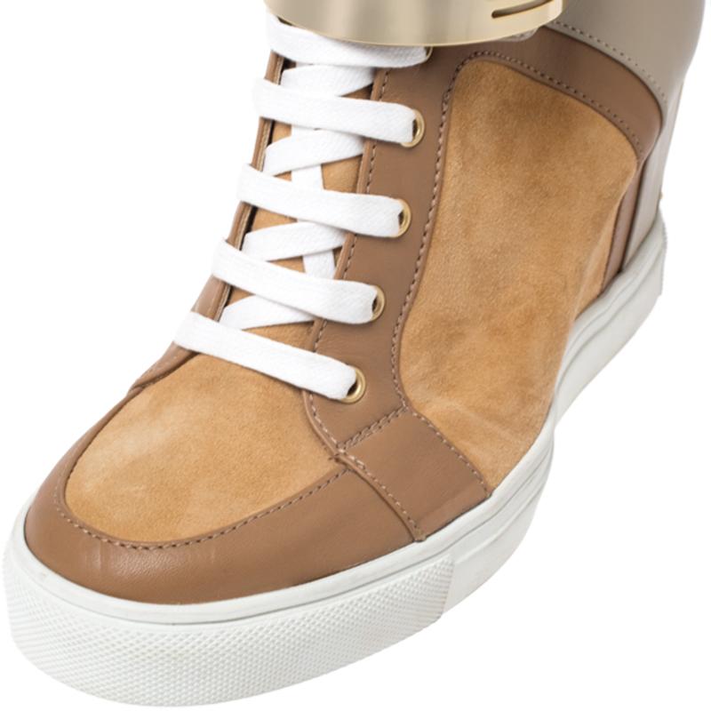 Le Silla Brown/Grey Leather In Chipow High Top Wedge Sneakers Size 40 In Good Condition In Dubai, Al Qouz 2