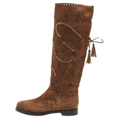 Le Silla Brown Laser Cut Suede Whip Stitch And Tassel Detail Knee Length Boots