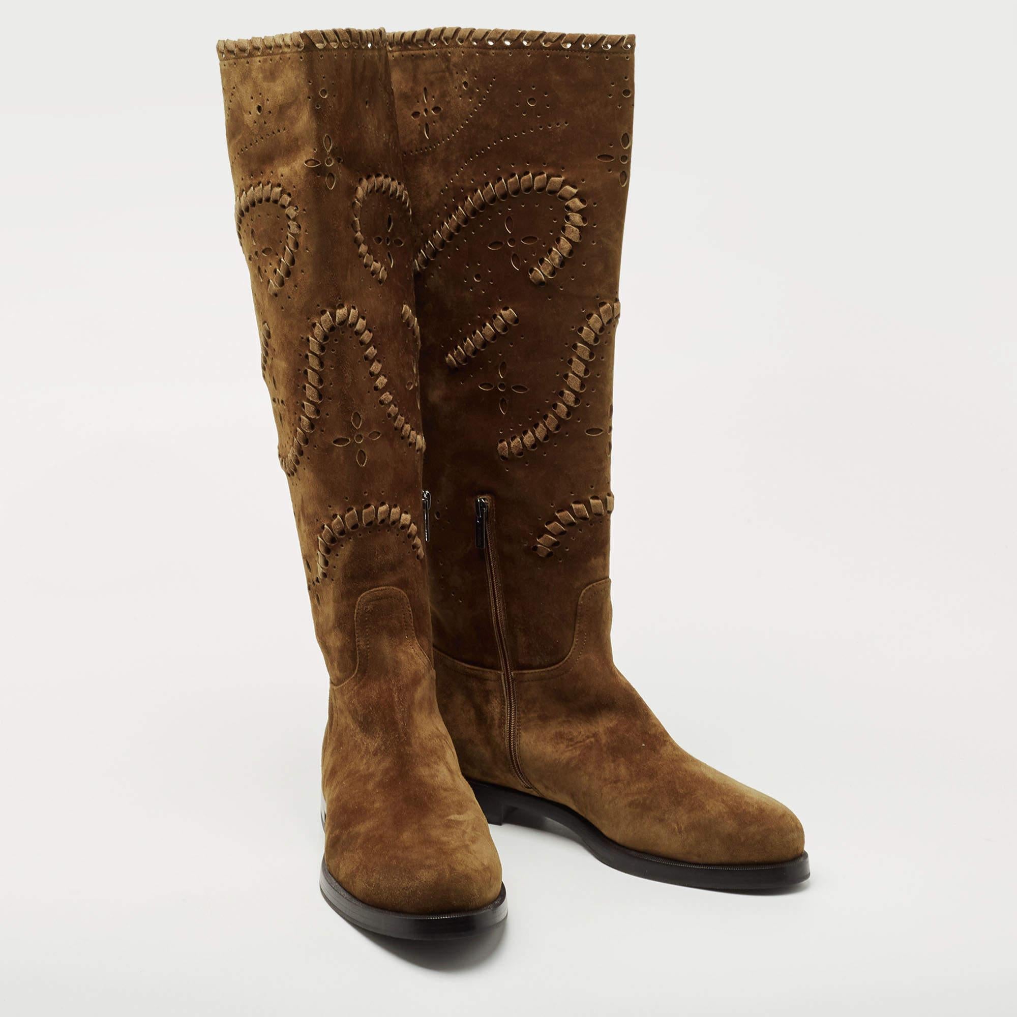 Le Silla Brown Laser Cut Suede Whip Stitch And Tassel Detail Knee Length Boots S 1