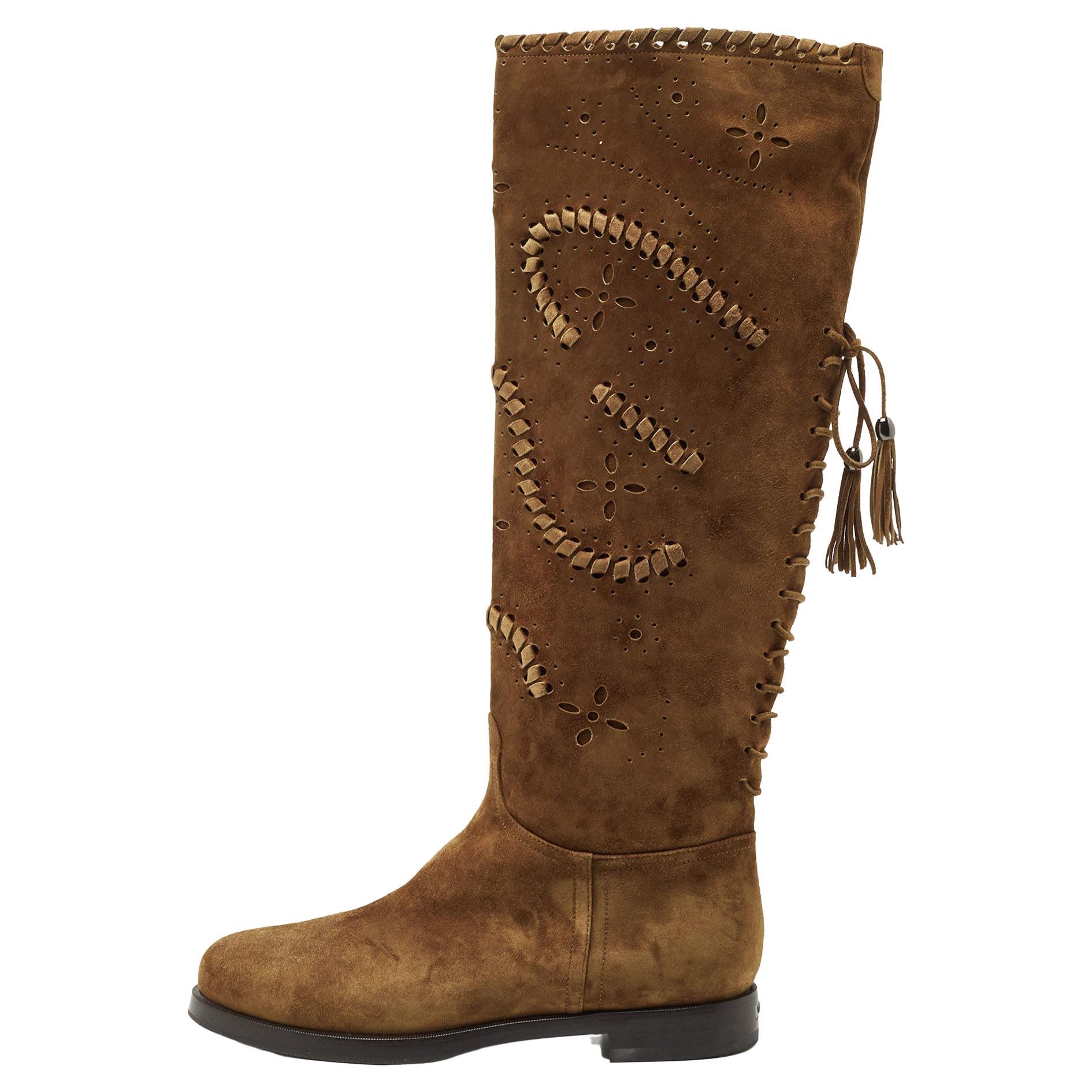 Le Silla Brown Laser Cut Suede Whip Stitch And Tassel Detail Knee Length Boots S