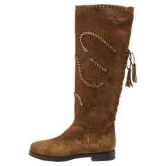 Le Silla Brown Laser Cut Suede Whip Stitch And Tassel Detail Knee Length Boots S