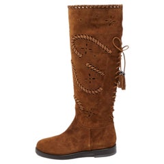 Le Silla Brown Laser Cut Suede Whip Stitch And Tassel Detail Knee Length Boots S