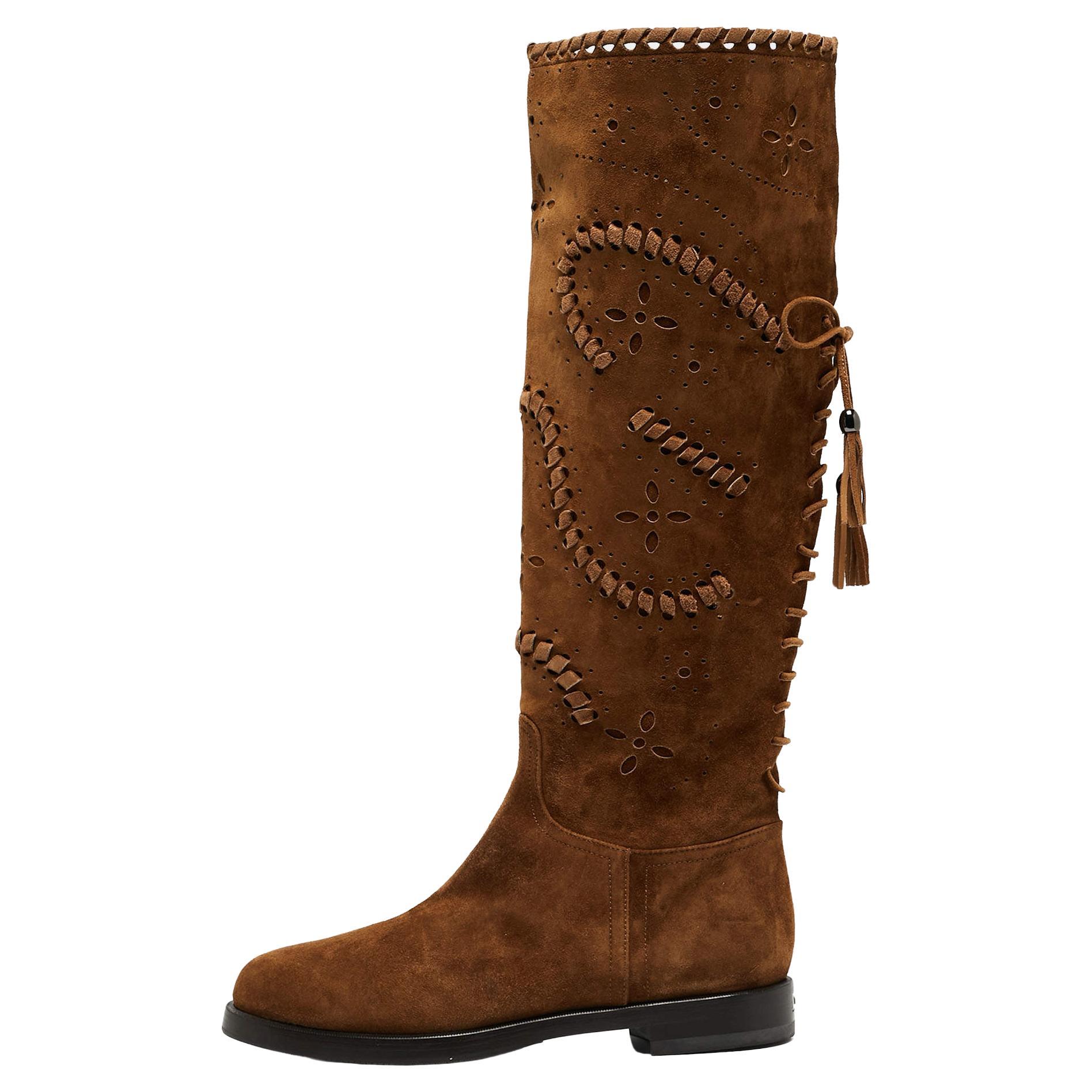 Le Silla Brown Laser Cut Suede Whipstitched Knee Length Boots Size 37 For Sale