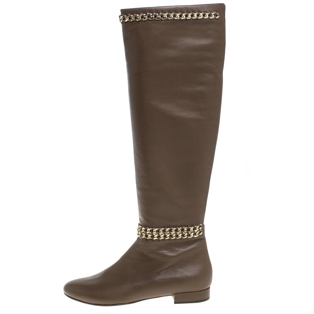 Le Silla Brown Leather Chain Detail Knee High Boots Size 37 1