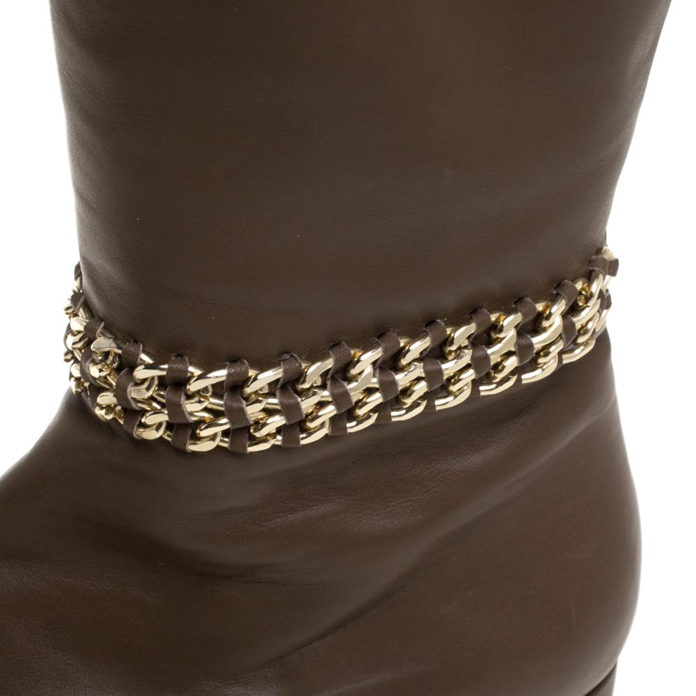 Le Silla Brown Leather Chain Detail Knee High Boots Size 37 4