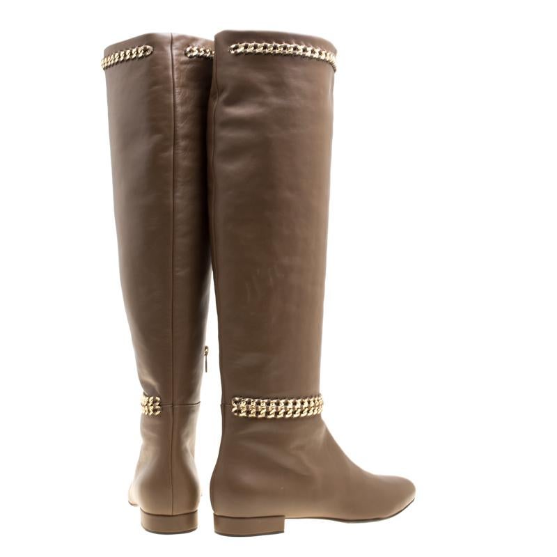 Le Silla Brown Leather Chain Detail Knee High Boots Size 38 In New Condition In Dubai, Al Qouz 2