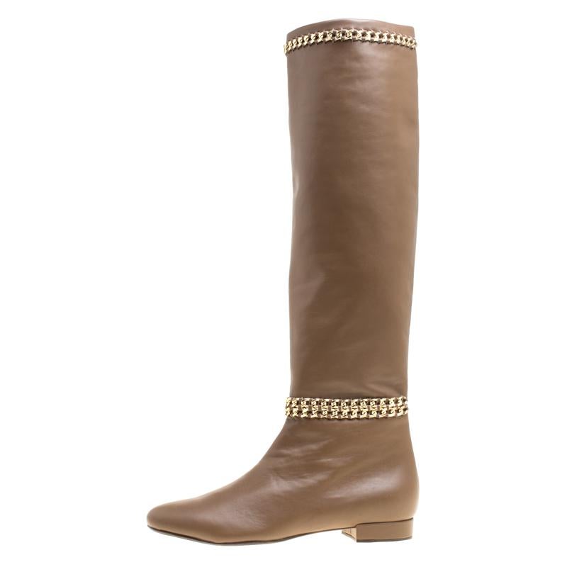 Le Silla Brown Leather Chain Detail Knee High Boots Size 38 1