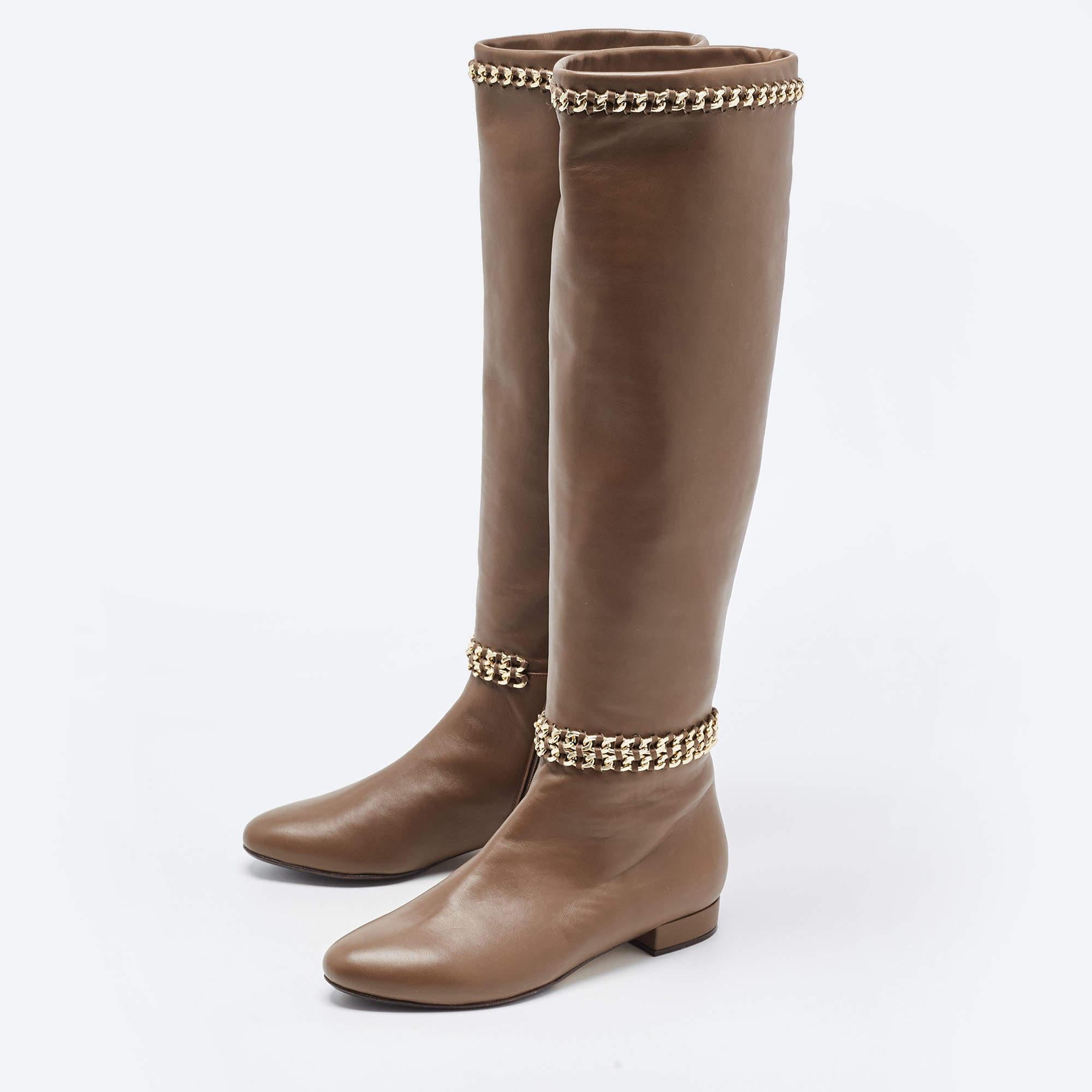Le Silla Brown Leather Chain Detail Knee Length Boots Size 37 For Sale 6